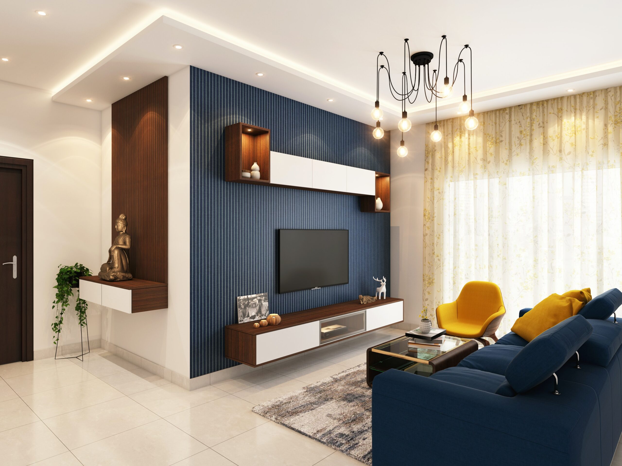 Contemporary living room design with plush sofa, flat-screen TV, and modern furniture.