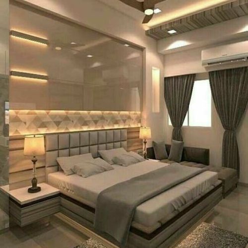 Interior design of a modern bedroom with minimalist furniture, neutral tones, and soft lighting